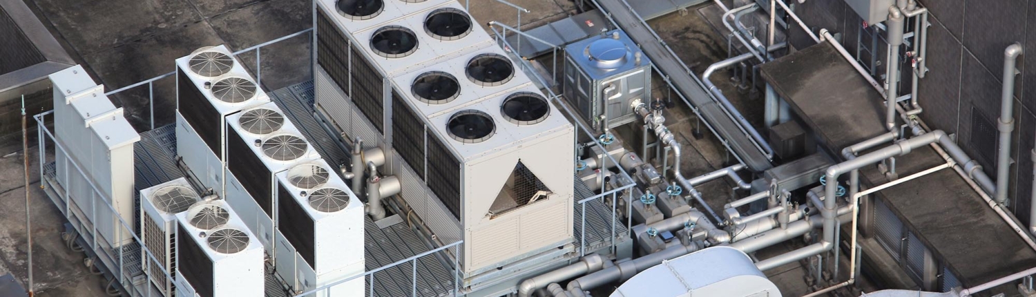 Aerial view of an industrial HVAC system on a roof
